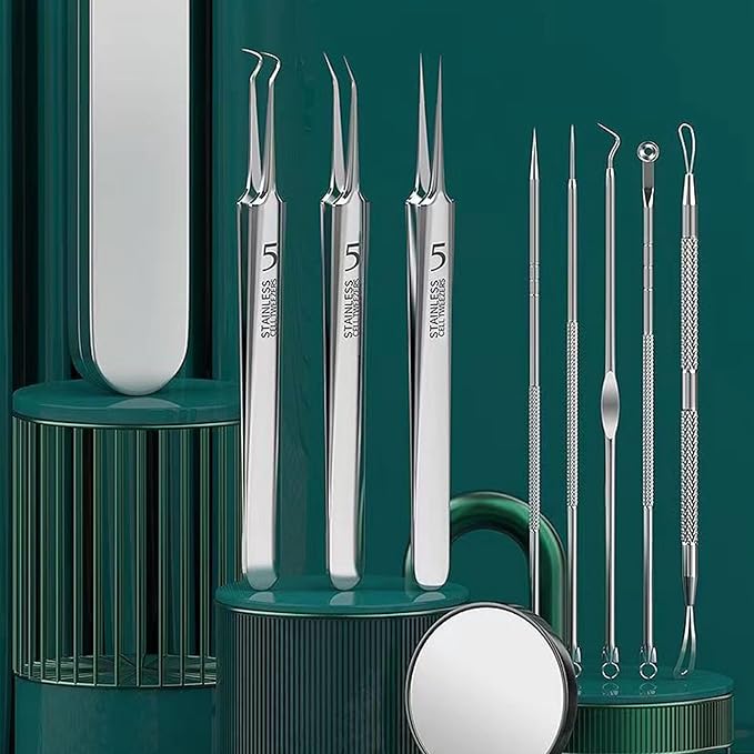 Usiveinborn Blackhead Remover Upgraded, Usiveinborn Blackhead Tweezers, Professional Upgraded Facial Blackhead Remover Tweezers, Blackhead Remover Tools Sets (A2-Green-8pcs)