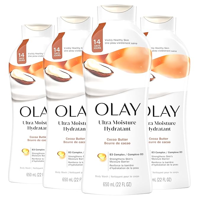 Olay Body Wash for Women, Ultra Moisture, 24hr Moisturizing, Hydrating & Refreshing, B3 Vitamin Complex, Free of Parabens & Phthalates, For All Skin Types, Cocoa Butter Scent, 22 fl oz (Pack of 4)