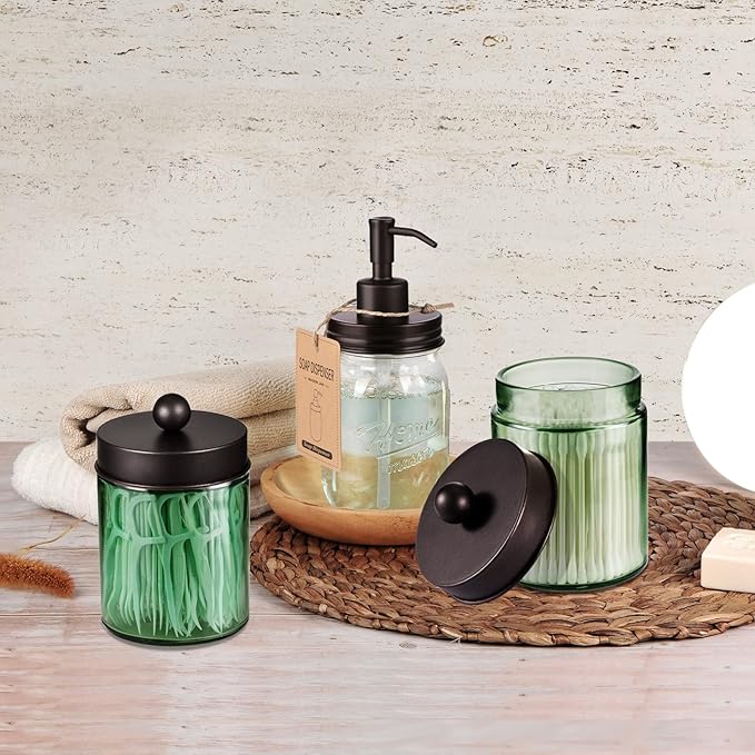 Amolliar Sage Green Apothecary Glass Jar With Metal Lid & Stickers, Bathroom Qtip Holder Storage Canister, Farmhouse Decor for Cotton Balls, Cotton Swabs, Makeup Pads, Bath Salt, Floss, Bronze 4 Pack