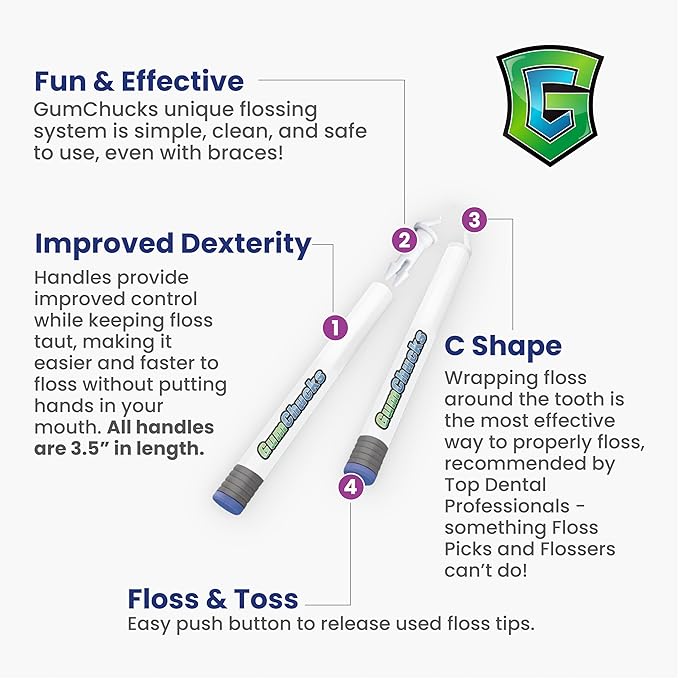 GumChucks Floss for Teeth - Flossing for Kids and Adults - Orthodontic Flossers for Braces - Dental Gum Floss Picks for All Ages (Grey Argyle - Count Plaqula)