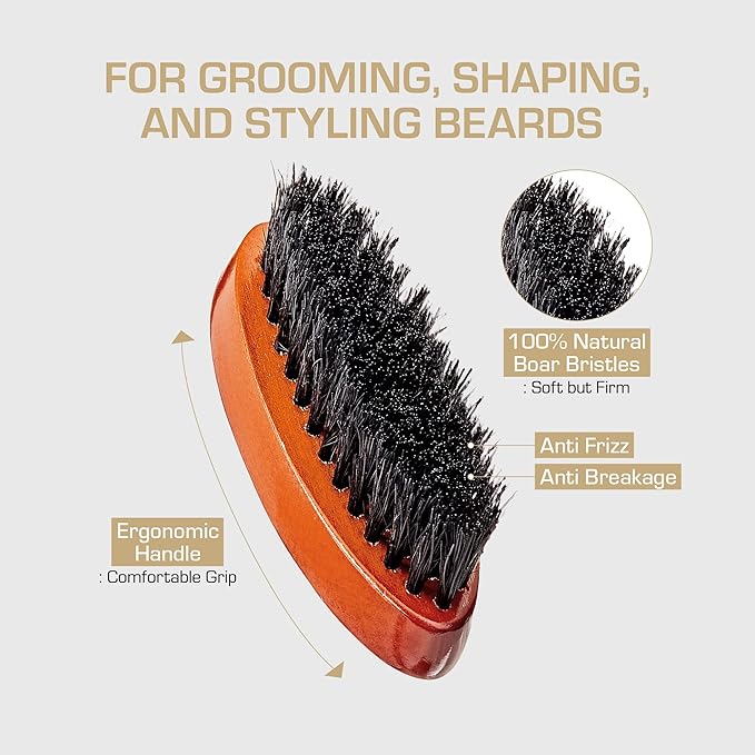 Red by Kiss Beard Brush with 100% Natural Boar Bristles for Men, Premium Wooden Brush, Beards Mustaches Grooming Shaving Comb, Tame and Soften Facial Hair (Pocket)