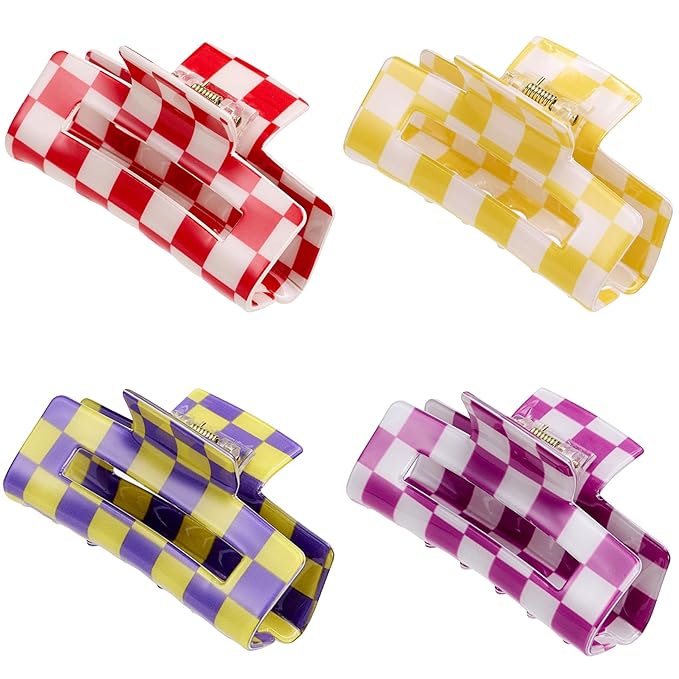 SINIDE Checkered Hair Claw Clips, Rectangle Bright Multicolored Square Checker Barrettes for Women Ladies Medium Non Slip Jaw Clip Acrylic Claw Clamps Accessories for Thin Thick Hair (4 Pack)