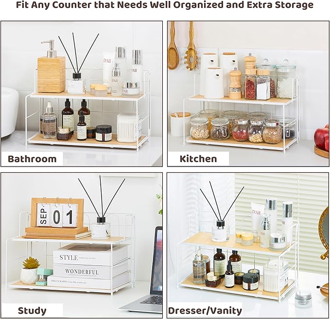 Bathroom Counter Organizer 10s Tool-Free Install, 2 Tier Bathroom Organizers and Storage, Collapsible Bathroom Organizer Countertop, Wood Bathroom Kitchen Countertop Organizer, White