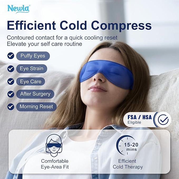 Cooling Gel Eye Mask, Contoured Cold Compress for Eyes, Reusable Cold Eye Mask for Puffy Eyes, Tired Eyes & Eye Strain, Fsa Eligible Items HSA for Eye Care Self Care, Ice Gel, Adjustable Strap (Blue)