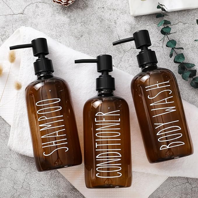 HOMCDALY Shampoo and Conditioner Dispenser Set of 3, 21oz Shower Soap Bottles with Pump, Refillable Shampoo Conditioner Body Wash Dispenser, Empty Bathroom Shower Shampoo Bottles(P-Brown)