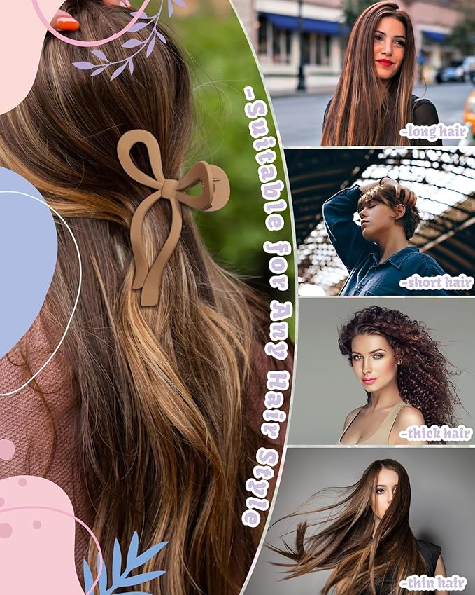4 PCS Bow Hair Clips Bow Claw Clip for Women Nonslip Large Hair Claw Clips for Thin and Thick Hair Strong Hold Hair Bows (Black+Dark brown+Khaki+Light brown)