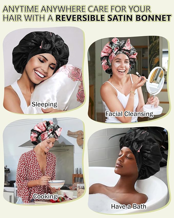 Satin Bonnet Reversible Silk Hair Bonnets for Curly Hair - Double Layer Night Cap with Tie Band - Black Pink Rose + Black