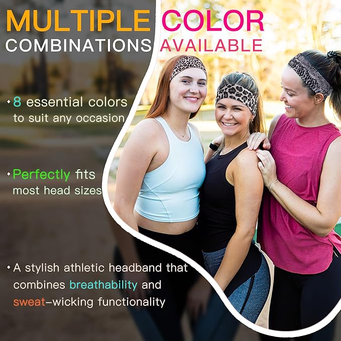 8 Pack Headbands for Women Non Slip - Stylish Sports Hair Bands for Women's Hair - Soft Cotton Cloth Stretchy Headbands for Women for Yoga, Outdoor Exercise Running