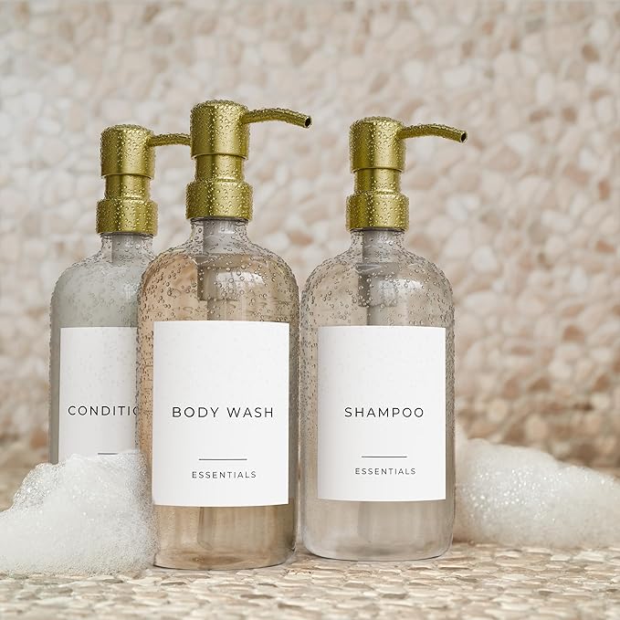 Stylish Shampoo and Conditioner Dispenser Set of 3 - Modern 21oz Shower Soap Bottles with Pump and Labels - Easy to Refill Body Wash Dispensers for an Instant Bathroom Decor Upgrade Clear