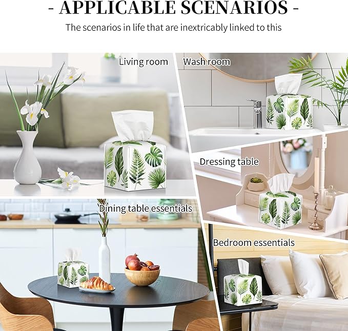 Green Tropical Leaves Tissue Box Cover Square,Watercolor Plant Palm Leaves Tissue Box Holder Waterproof Leather Facial Paper Organizer Dispenser for Bathroom Home Car Nightstand Vanity Desk