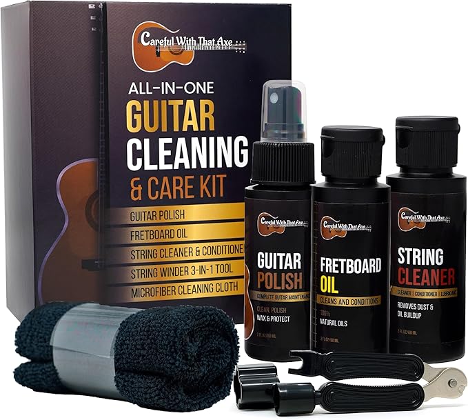 Guitar Cleaner Polish, String Cleaner, Winder and Fretboard Oil Care Kit | MADE IN USA | Guitar Oil and Cleaner for Body, Strings and Fretboard Fingerboard - Cleans, Polishes, and Protects