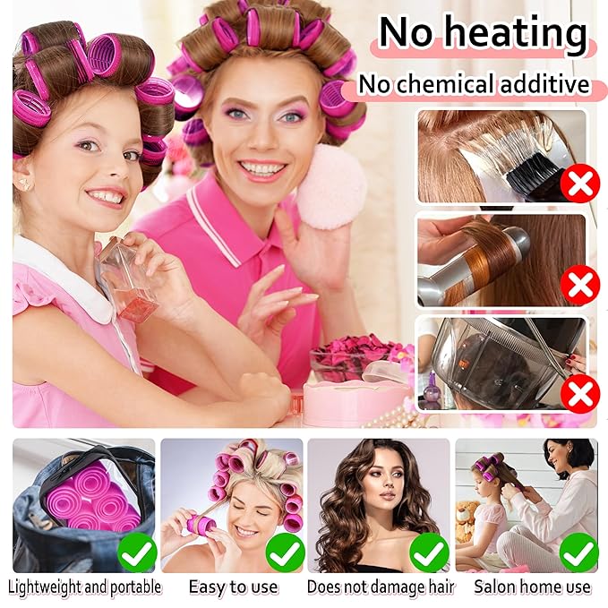 4 Sizes Self-Grip Hair Rollers Set with Clips - 4 Sizes for Long, Short Hair & Bangs (25mm, 36mm, 48mm, 60mm),(Rose Red, 4 Sizes)