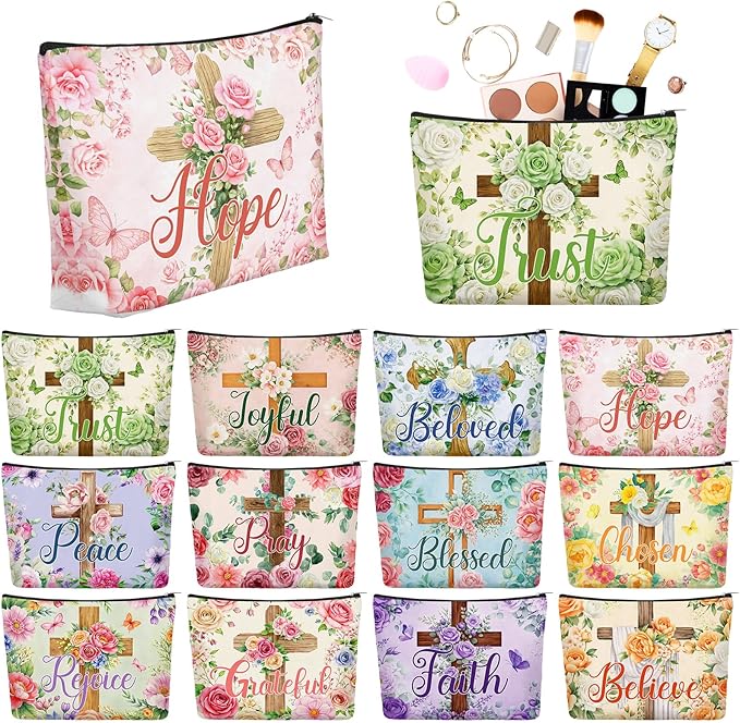 Sweetude 12 Pcs Easter Makeup Bag Bulk Flower Cross Portable Travel Cosmetic Bags with Zipper Religious Cross Waterproof Roomy Travel Beauty Toiletry Organizer Storage Pouch for Women Easter Gifts