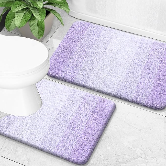 OLANLY Bathroom Rug Set 2 Piece, Soft Absorbent Microfiber Bath Mats and U-Shaped Contour Toilet Rug, Non-Slip, Machine Wash Dry, Plush Shaggy Bath Mats for Bathroom (24"x16"+24"x20", Light Purple)