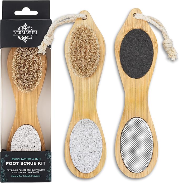 Dermasuri - 4 in 1 Exfoliating Foot Scrub Kit - Multi Purpose Foot Care - Natural Bamboo Pedicure Foot Spa Kit - Pumice Stone Callus Remover - Stainless Steel File, Sand Paper Surface, & Dry Brush