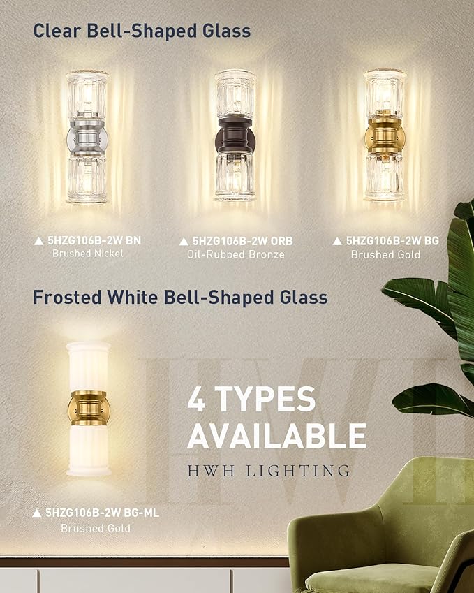 Bathroom Wall Sconces, HWH Brushed Nickel Wall Lighting for Bedroom, 2-Light Bathroom Light Fixtures with Bell-Shaped Clear Glass, Brushed Nickel Finish, 5HZG106B-2W BN