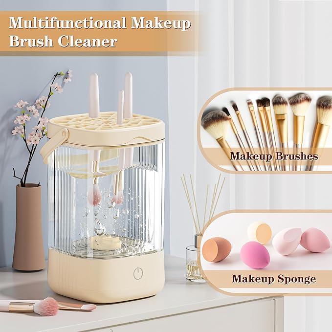 Electric Makeup Brush Cleaner - Portable Makeup Brushes Cleaning Machine, Automatic Spinning Cosmetic Brushes Washer, Make Up Brush Cleaner Tools for Most Sizes Brushes and Sponges (Beige)