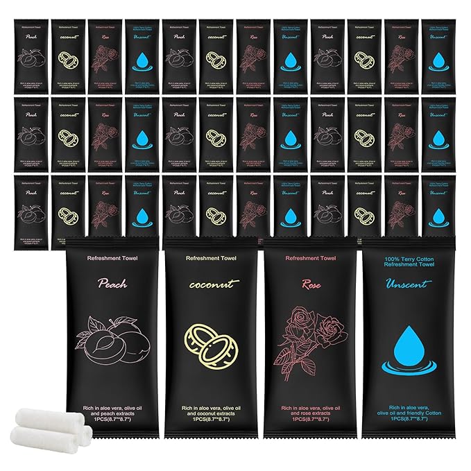 Moist Cotton Towel Bulk Moist Towelettes Individually Wrapped 8.7"x 8.7",White Towel Services,Refreshment Pre Moistened Towels Peach,Rose,Coconut and Unscented for Sport Party Spa(pack of 40)
