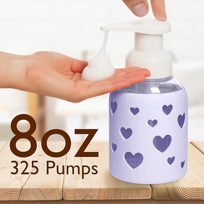 SoCal Suds & Company Foaming Hand Soap Dispenser Glass, Liquid Soap Pump with Heart Silicone Sleeve, Refillable Bottle for Kids, Baby Wash & Shampoo, Ideal for Bathroom & Kitchen Use, Soft Purple, 8oz