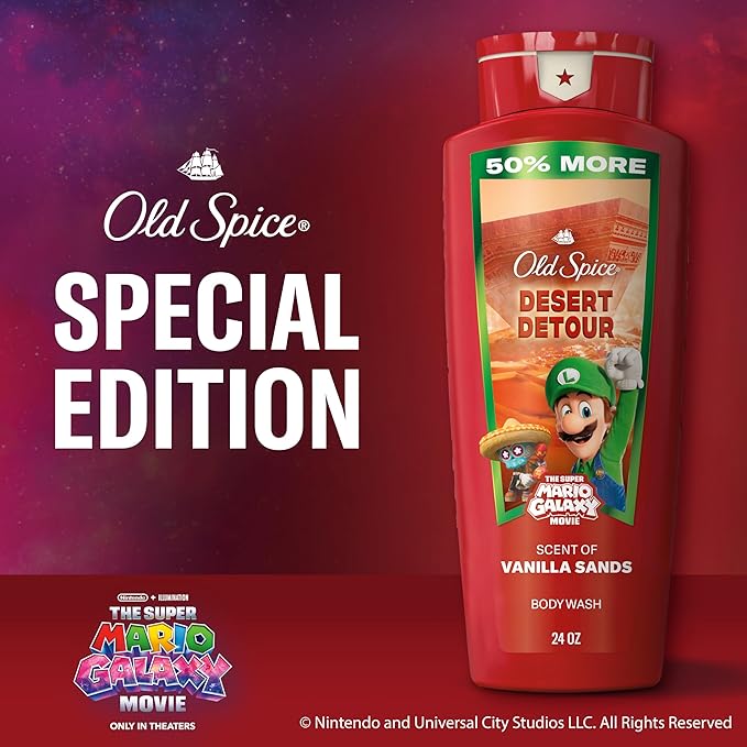 Old Spice Body & Face Wash for Men, x The Super Mario Galaxy Movie, 3X Defense, 24/7 Shower Fresh with Long Lasting Scent, Smell Super with Desert Detour, Vanilla Sands Scent, 24 oz