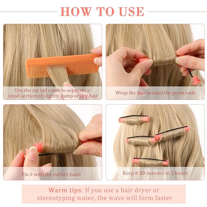 48 Pieces Cold Wave Hair Perm Rods and Plastic Curlers with Steel Pintail Comb for Hairdressing and Styling (Pink, 0.51 Inch/ 1.3 cm)