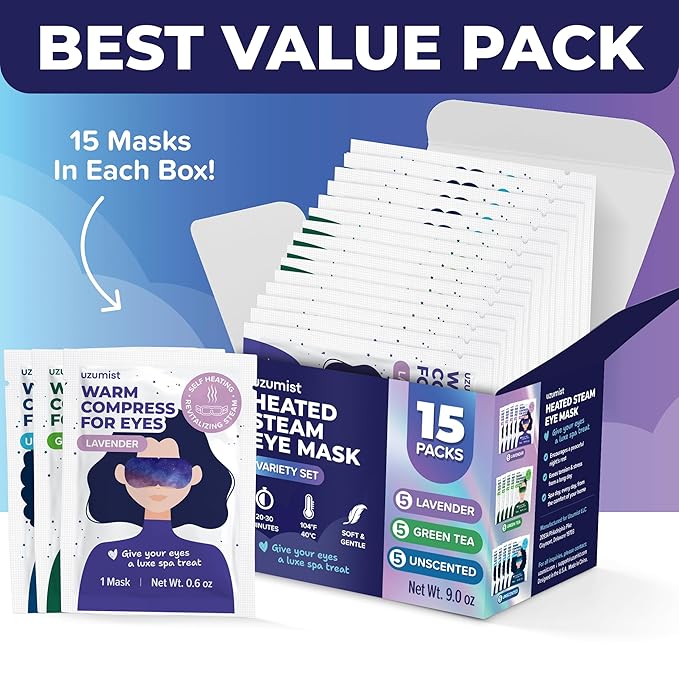 Heated Eye Mask For Dry Eyes - 15pcs Self Heating Steam Eye Mask - Warm Compress For Eyes - Warming & Ready To Use For Sleep & Relaxation - On-The-Go Warm Eye Compress For Dry Eyes Travel Essentials
