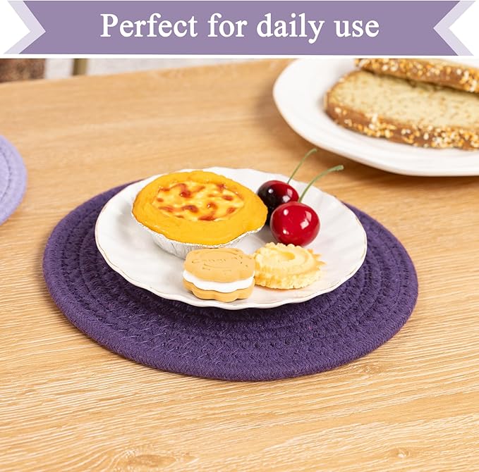 SHACOS 8 Inches Trivets for Hot Dishes, 4 Pieces Cotton Trivets Mats for Kitchen, Hot Pads for Countertops and Table, Heat-Resistant Pot Holders for Hot Pots and Pans(Purple, 4pcs)