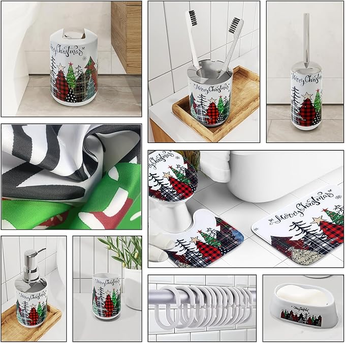 Clara Clark Bathroom Accessories Set - Christmas Shower Curtain Set, 27PC Xmas Bathroom Set with Adhesive Corner Shower Caddy Hanging, Christmas Bathroom Sets with Shower Curtain and Rugs