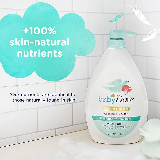 Baby Dove Sensitive Skin Care Baby Wash Fragrance Free Moisture For Baby Bath Time Fragrance Free and Hypoallergenic, Washes Away Bacteria 34 oz (Pack of 3)