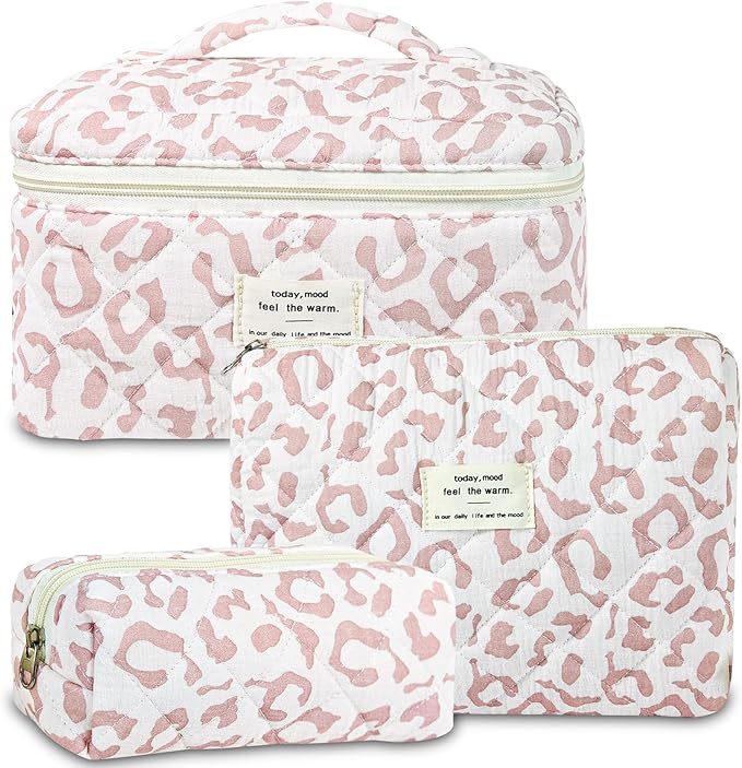 3Pcs Makeup Bag Cotton Quilted Travel Cosmetic Bag Cute Floral Makeup Pouch Large Toiletry Bag for Women Girls