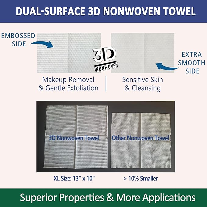 3D Nonwoven Face Towels-XL 13”x10”, 50Cts=150 Uses, Cut Waste & Cost 70%, Ultra-Clean, Soft & Durable, Dual-Surface: Cleanse, Exfoliate, Includes Wash Bag & Hook