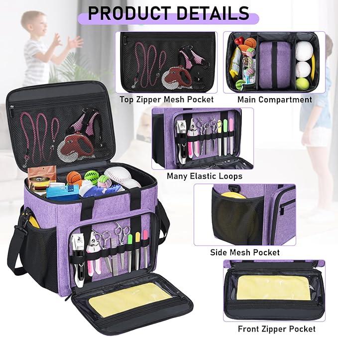 GMAK Pet Grooming Bag, Dog Grooming Tote Bags Supplies Organizer Case Pets Tools Organizer Tote for Dog Cat Grooming Tool Kit and Accessories, Purple(Bag Only)