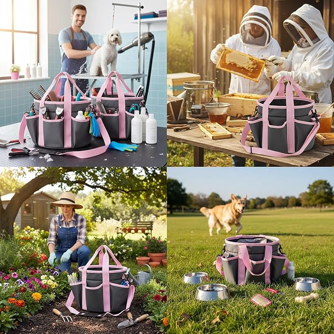 Abbylike Grooming Tote Bag for Horses and Dogs Organize Tack Tools Equestrian Grooming Kit Care Portable with Multiple Pockets for Supplies(Stylish,10.63 x 10.63 x 9.45 Inch,Grey and Pink)