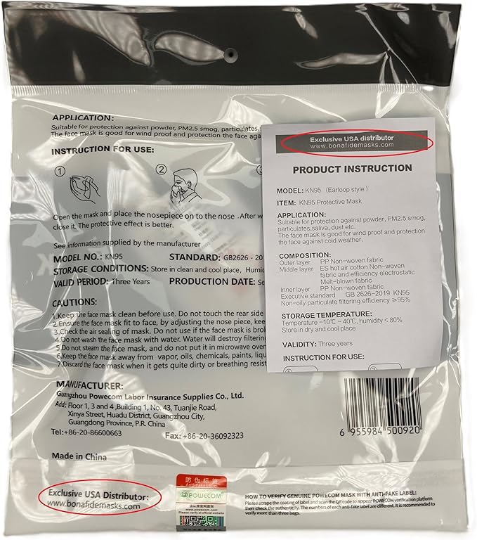 POWECOM KN95 Respirator Face Masks (10 Pack) | Black | Earloop Style