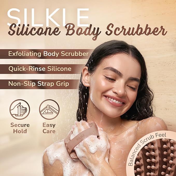 Silicone Body Scrubber – Gentle Exfoliating Shower Scrubber for Body & Bath, Silicone Shower Brush & Loofah Alternative – Non-Slip Silicone Body Brush, Quick Dry, Hygienic - Brown