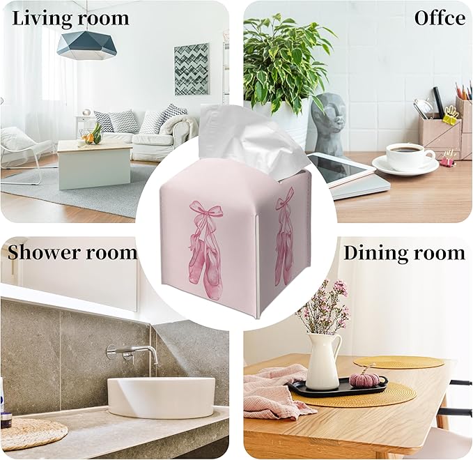Grace Yonks Cute Pink Ballet Shoes Tissue Box Cover Square, Cube Case for Facial Tissues, 5.2" PU Leather(074)