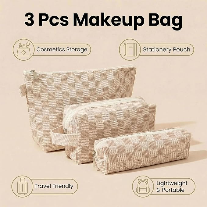 3 Pcs Canvas Makeup Bag Set Checkered Cosmetic Pouch for Women Travel Toiletry Bag Cute Makeup Organizer Purse Pouch Preppy Pencil Case with Zipper (Checkered Khaki)