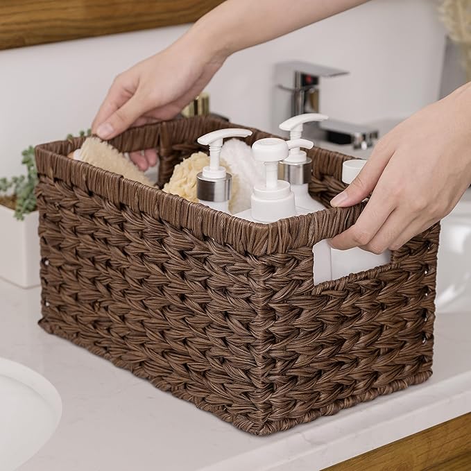 GRANNY SAYS Wicker Storage Baskets for Shelves, Wicker Baskets for Organizing, Waterproof Woven Basket for Pantry, Rectangle Basket for Shlef, Brown, 2-Pack