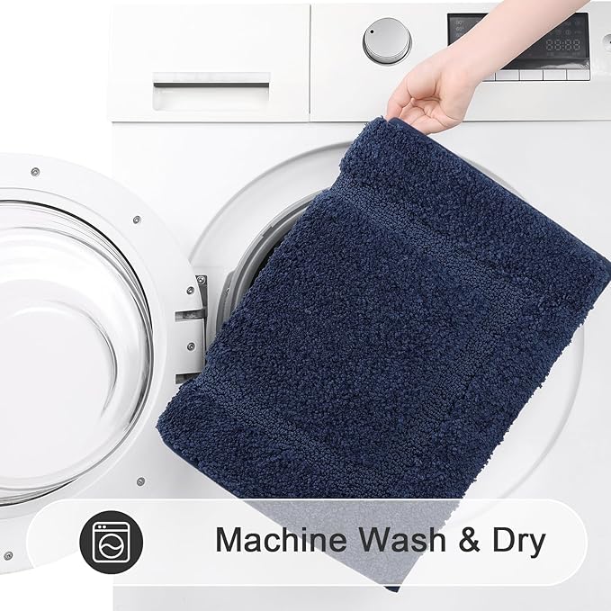 SHACOS Soft Fluffy Bathroom Rugs Set of 3 Pieces Bath Mats with U Shape Toilet Rugs Non Slip Washable Bath Rugs Absorbent Bathroom Shower Carpet 16"x24"+20"x32"+U Shaped 20"x24", Navy Blue