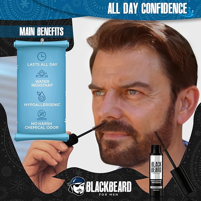 Blackbeard for Men Beard Color – 1-Day Beard, Mustache, Eyebrow, Sideburns Color – Temporary Facial Hair Tint - Hypoallergenic Beard Dye Alternative – Up to 45 applications – Dark Brown, 6 Pack