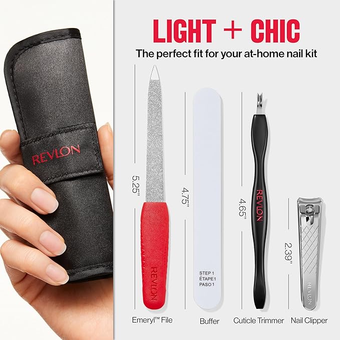 Revlon Manicure Essentials Kit with Travel Case, Nail Care Set with Dual Ended Cuticle Trimmer, Curved Blade Clippers, Compact Emeryl File & Buffer (Pack of 1)