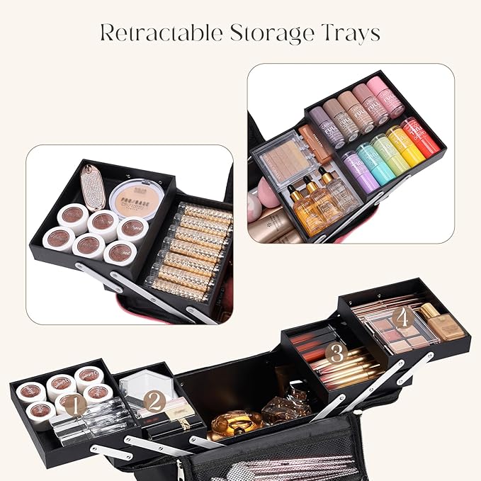 Large Makeup Case,Nail Bag with 4 Tier, Travel Makeup Box Organizer,Nail Kit Storage Tattoo Bag Make Up Case for women/Nail Art/Eyelash Extension/Tattoo/MUA, with luggage sleeve, Black