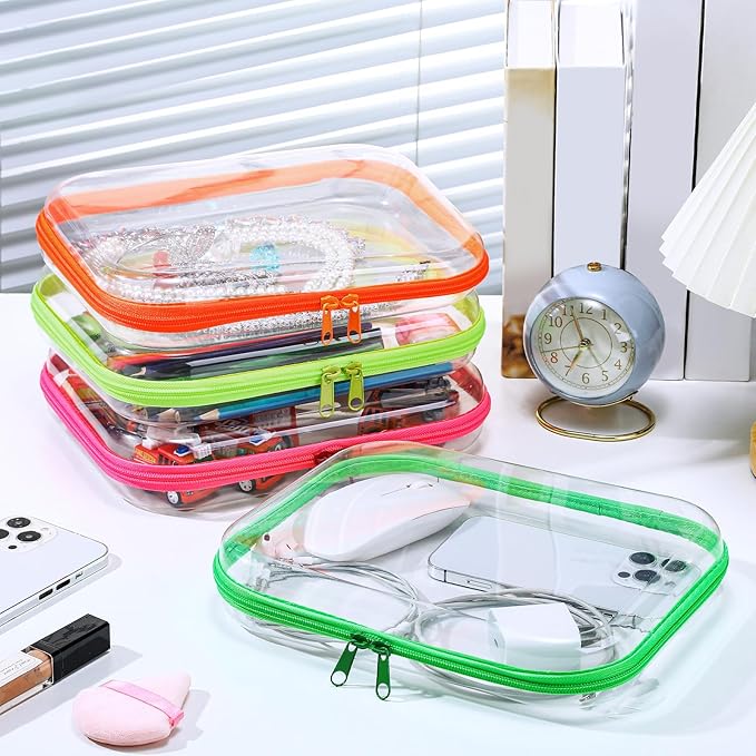 Hoolerry 4 Pcs Hard Clear Zipper Case Makeup Bags Plastic Zipper Pouch Transparent Storage Box Containers for Cosmetics, Snacks, Building Blocks, Puzzles(Clear,9.8 x 7.9 x 2 in,Fluorescent)