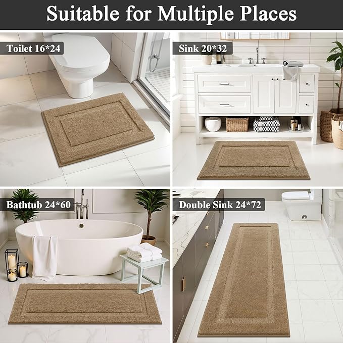 SHACOS Soft Fluffy Bathroom Runner Rugs Set of 3 Bath Mats with U Shape Toilet Rugs Non Slip Washable Bath Rugs Absorbent Bathroom Accessories Carpet for Shower Tub, Khaki