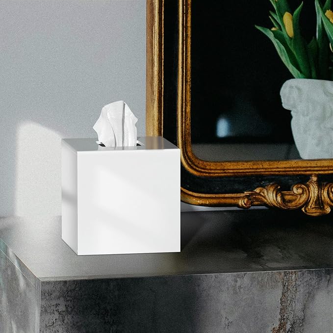 FEMELI Tissue Box Cover,Square Acrylic Tissues Paper Holder for Bathroom Bedroom Office,White