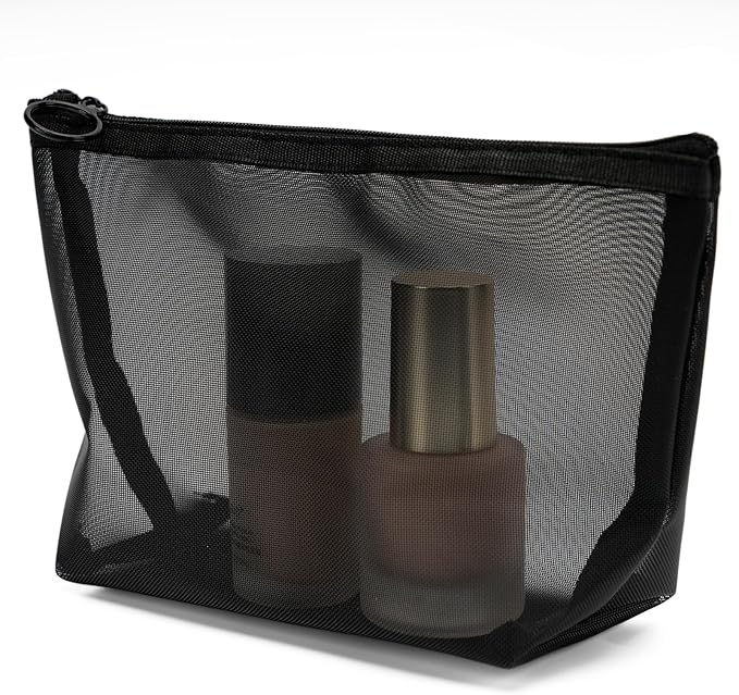 Portable Mesh Makeup Bag with Zipper Small Travel Toiletry Bag Lightweight Cosmetic Pouch (Black 3 Piece Set)