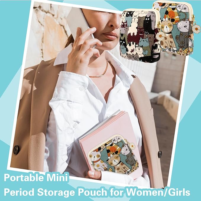 Amabro Sanitary Napkin Storage Bag, 2PCS Period Bags Cute Sanitary Pad Storage Pouch Tampon Pantyliners Menstrual Purse Daisy Zipper for Women Teen Girls School Travel Feminine Product(Cat)