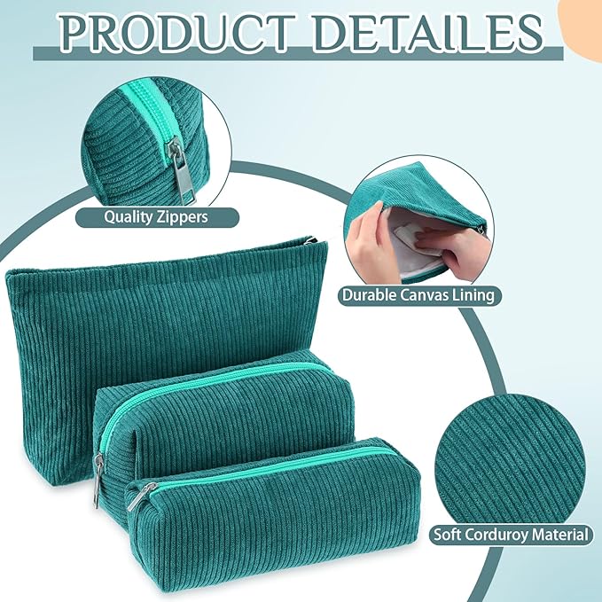 3 Pcs Makeup Bag Set for Women Corduroy Cosmetic Pouch Aesthetic Smile Travel Toiletry Bag Cute Purse Pouch Pencil Case Makeup Brushes Storage Organizer with Zipper(Dark Green,Solid Style)