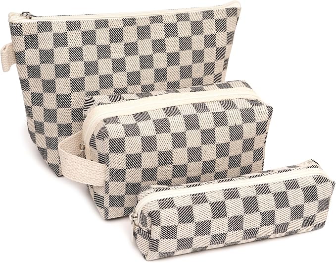 3 Pcs Canvas Makeup Bag Set Checkered Cosmetic Pouch for Women Travel Toiletry Bag Cute Makeup Organizer Purse Pouch Preppy Pencil Case with Zipper (Checkered Black)