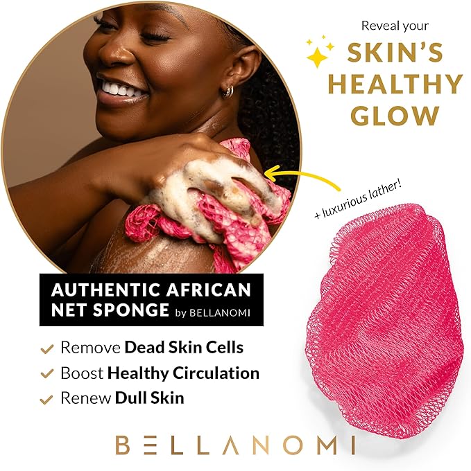 BELLANOMI African Exfoliating Net Sponge, Authentic, Ethically sourced from Nigeria, 45 inches Long, Back Scrubber for Daily use (Pink)